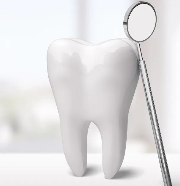 3D rendering of a large white tooth with a dental mirror tool leaning against it, symbolizing dental care and oral health services.