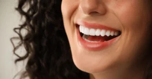 Close-up of a smiling woman with bright white teeth, showcasing the results of modern cosmetic dentistry.