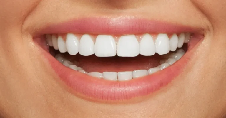 Cosmetic Dentistry Trends in Naples - Close-up of a person's bright, symmetrical smile showing straight, white teeth after cosmetic dental treatments such as veneers or whitening.