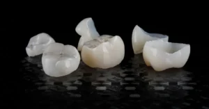 Collection of individual ceramic dental crowns displayed on a dark surface, illustrating the shape, translucency, and craftsmanship of same-day crown restorations.