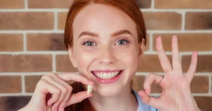 Smiling woman holding an extracted wisdom tooth and making an ‘ok’ gesture, symbolizing successful wisdom tooth removal and a positive recovery.