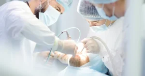 Dental team in masks and protective gear performing a procedure on a patient under bright light, illustrating a professional and safe sedation dentistry treatment.