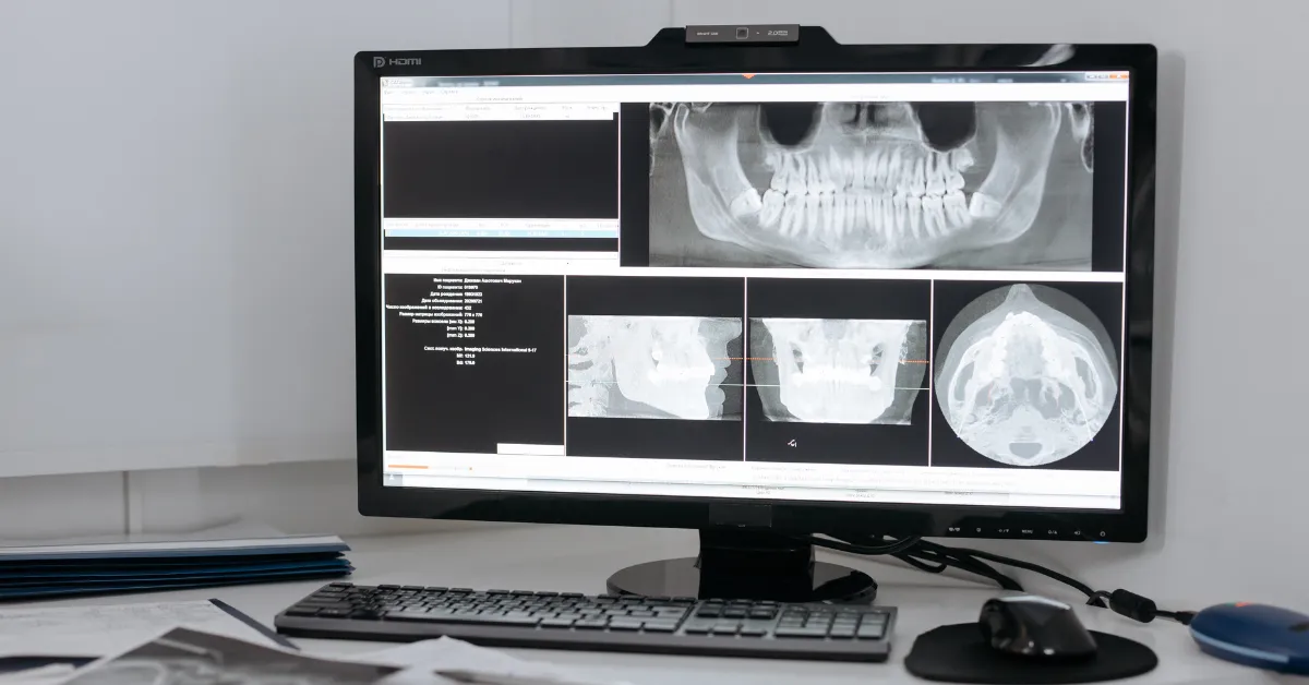 Computer monitor displaying dental x-rays and 3d imaging scans, representing advanced diagnostic technology used in modern dental practices.